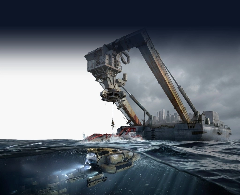 Industrial crane with digital twin overlay above and subsea ROV below the waterline
